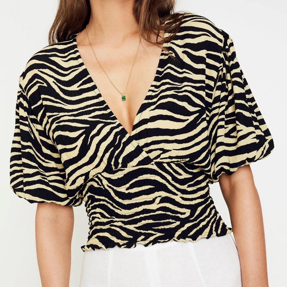 Faithfull the Brand Smocked Blouse in Yellow Zebra Size XS